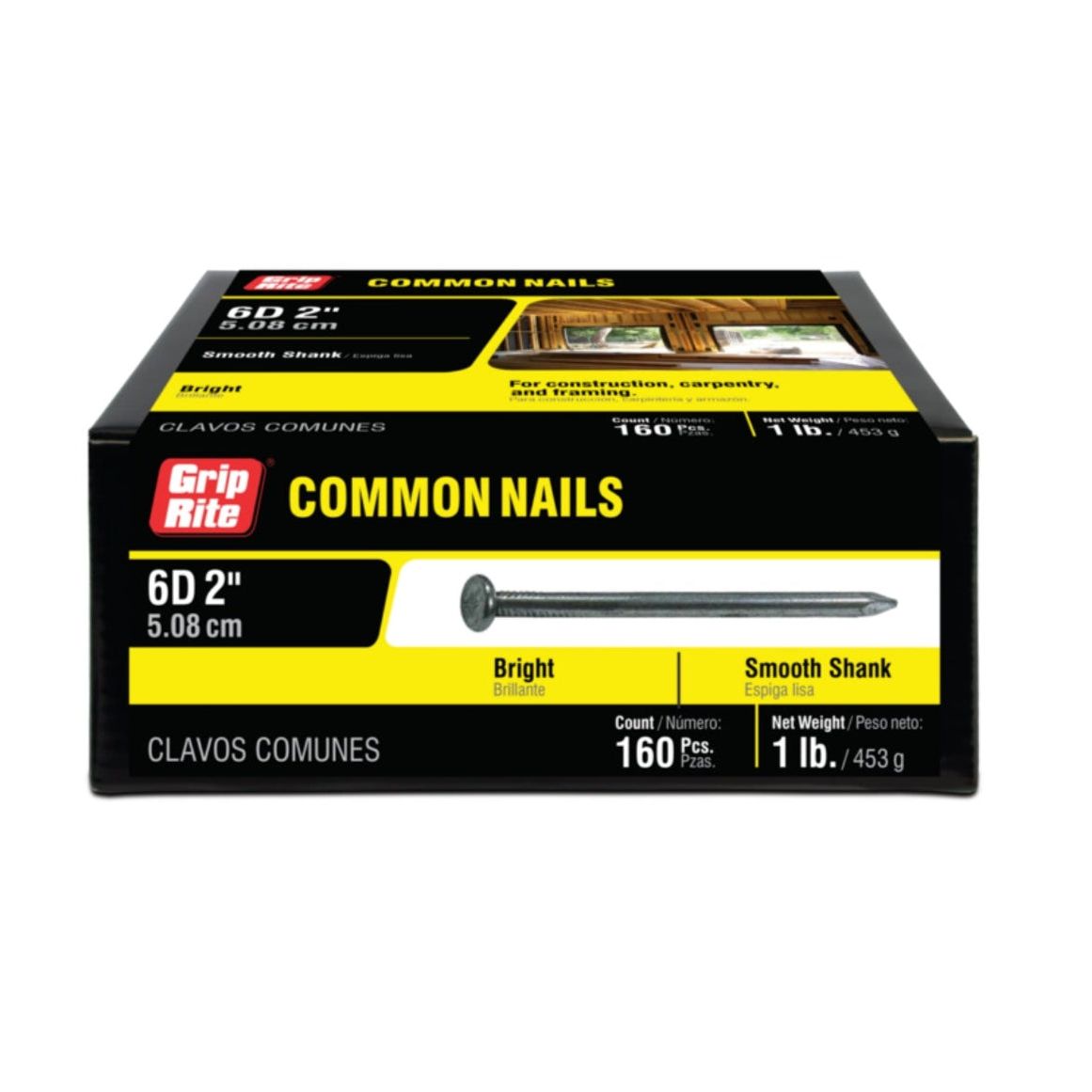 A box of GRIP-RITE 6C1 #11-1/2 x 2 in. 6D Bright Common Nails from Grip-Rite contains 160 smooth shank nails, weighing 1 lb (453 g).